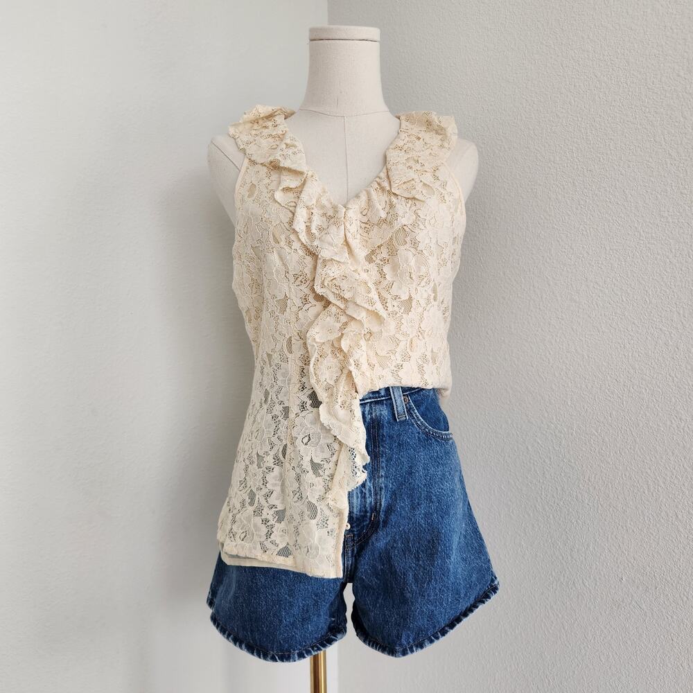 Vintage Y2K Banana Republic Cream Lace Ruffle Button Down Sleeveless Blouse S